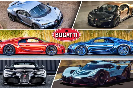 Bugatti Chiron PS: Ein silberner, ein gold-schwarzer, ein roter und ein blauer Chiron stehen für pure Leistung. Unten ein schwarzer Chiron und ein futuristisches Rennauto.