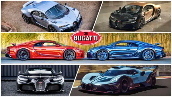 Bugatti Chiron PS: Ein silberner, ein gold-schwarzer, ein roter und ein blauer Chiron stehen für pure Leistung. Unten ein schwarzer Chiron und ein futuristisches Rennauto.