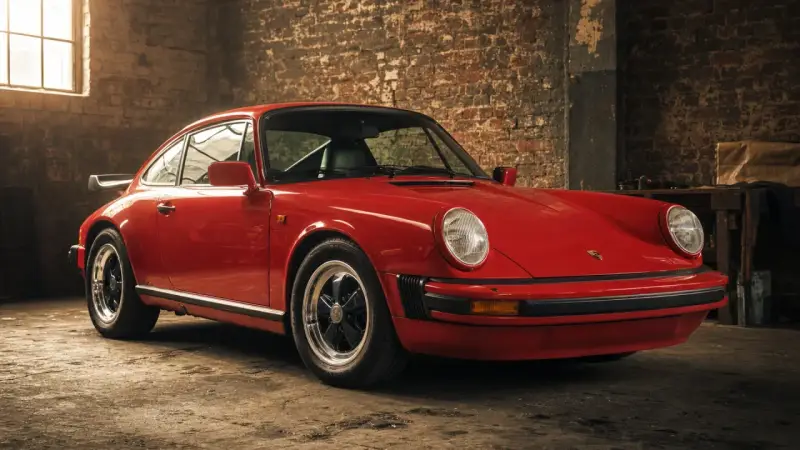 Roter Porsche 911 G-Modell in einer Werkstatt, bereit für eine Spritztour.